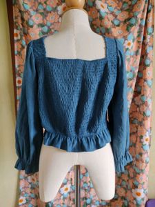 Blue Square Neck Ruffle Peplum Top