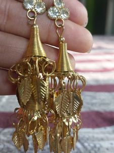 Designer Gold Tone Dangle Earrings with Rhinestone