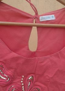Coral Sleeveless Dress, Gold Pearl Embroidery