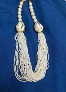 White Beaded Necklace with Crystal Pendant