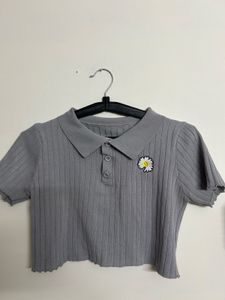 Grey Ribbed Cropped Polo Top with Daisy