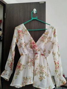 White Floral Print V-Neck tunic Top| Chiffon