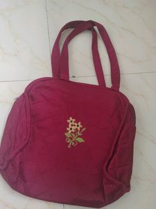 Quilted Maroon Tote Bag with Floral Embroidery