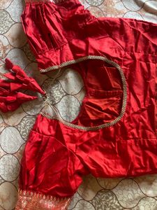 Stunning Red Silk Blouse with Embellished Sleeves