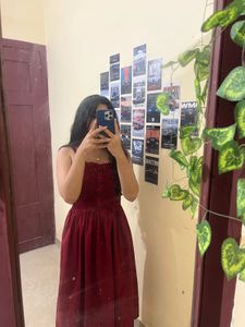 Maroon Smocked Button-Up Midi Dress