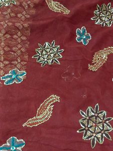 Dark Maroon Heavy Stone Saree With Stitched Blouse