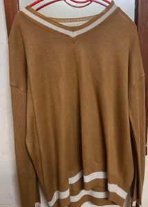Cozy Brown V-Neck Sweater with Striped Trim