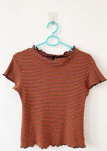 Striped Mock Neck Lettuce Trim Top