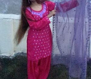 Vibrant Pink Kurta Set with Purple Dupatta
