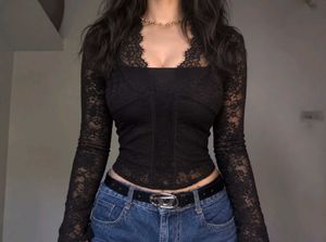 Black Lace Sheer Long Sleeve Top