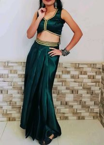 Emerald Green Satin  dreped skirt with jacket blou