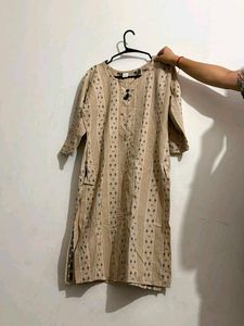 Beige Printed Cotton Kurta