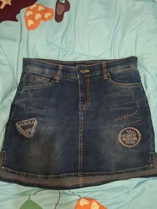 Blue Denim Mini Skirt with Patches