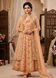 Very Beautiful Heavy Work Golden Gown With Shrug