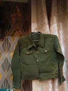 Olive Green Studded Denim Jacket