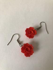 Red Rose Flower Dangle Earrings