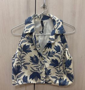 Blue Floral Sleeveless Crop Top