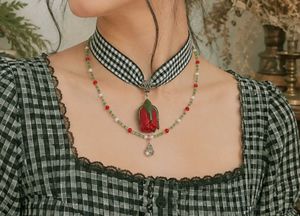 Gingham Ribbon Clay Rose Bud Choker Necklace
