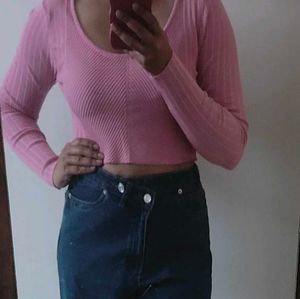 Pink Ribbed Cropped Long Sleeve Top