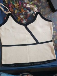 Cream Knit Crop Top with Black Trim