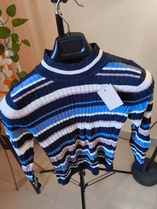 New Korean Striped Knit Mock Neck Top