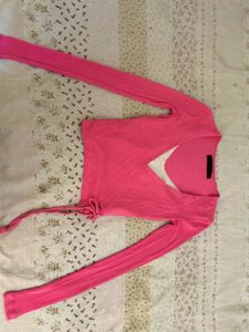 Pink Wrap pilate Top with white lace cami
