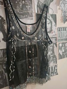 y2k Sparkly Black Sheer Top