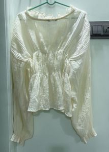 Cream Textured Ruffle Blouse