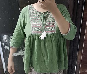 Boho Embroidered Green Tunic Top