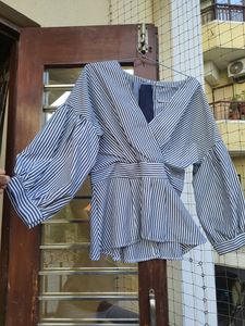 Chic Striped Wrap Peplum Blouse
