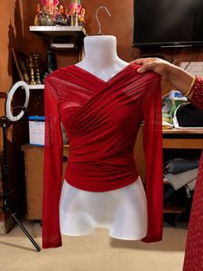 Red Sheer Ruched Long Sleeve Top