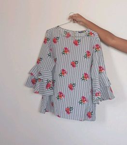 Striped Floral Bell Sleeve Top