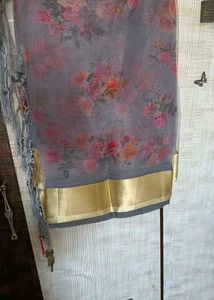 Elegant Floral Grey Saree with Tassels
