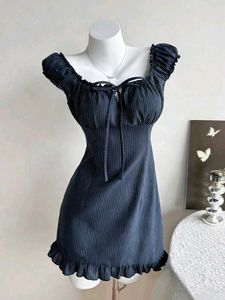 y2k Chic Navy Striped Ruffle Dress