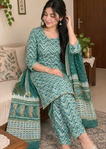 Teal Chevron Print Kurta Set with Dupatta