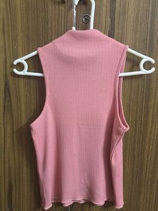 Pink Ribbed Mock Neck Sleeveless Top