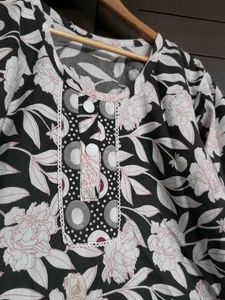 Black White Floral Print Kurta Set with Dupatta