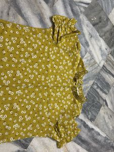 Yellow Floral Print Ruffled Neck Top
