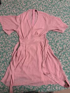 Pink Flutter Sleeve Wrap Dress