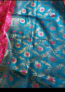 Elegant Teal Saree with Gold &amp; Pink Motifs