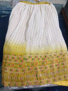 Yellow &amp; White Embroidered Lehenga Set