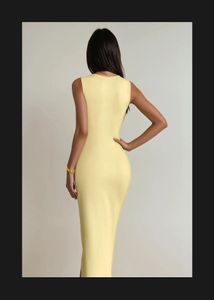Yellow draped square neak bodycon Midi Dress