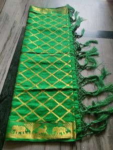 Vibrant Green Silk Dupatta with Golden Border