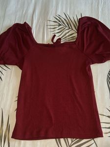 Maroon Puff Sleeve Square Neck Top