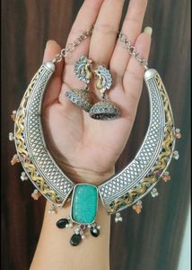 Brass necklace set with handcarved stone work