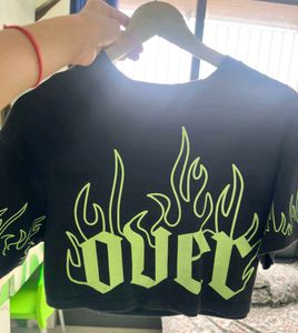 Black Cropped T-Shirt with Neon Flames