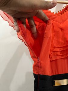 S Orange &amp; Black Ruffle Belted Fit &amp; Flare Dress