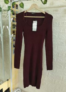New Maroon Ribbed Bodycon Dress