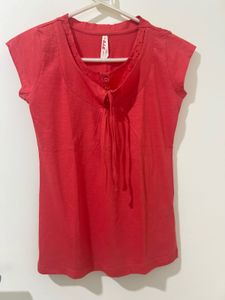 Coral Red Embroidered Tie-Front Top