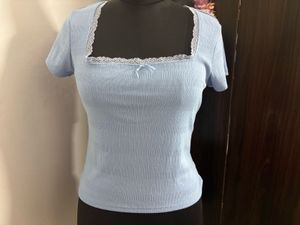 Baby Blue Ribbed Top with Lace Trim